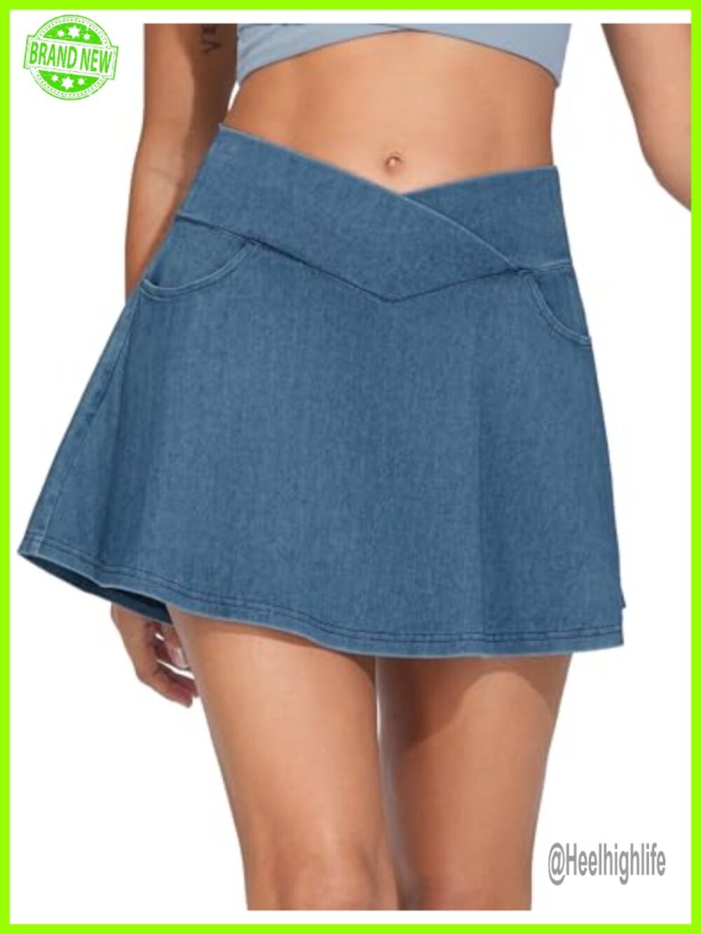 Women's High Waisted Denim Skort with Built-in Shorts and Pockets